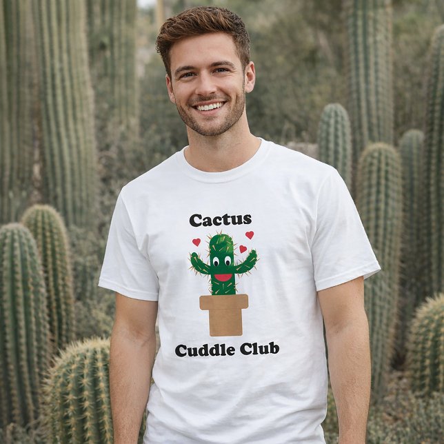 Söt Cactus Kramklubb Tröja Design med Hjärtan (A shirt with a fun kawaii cactus and the text cactus cuddle club.)