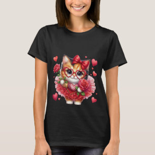 Söt Calico Katt Hjärtformade Glasögon & Röd Ros Ko T Shirt