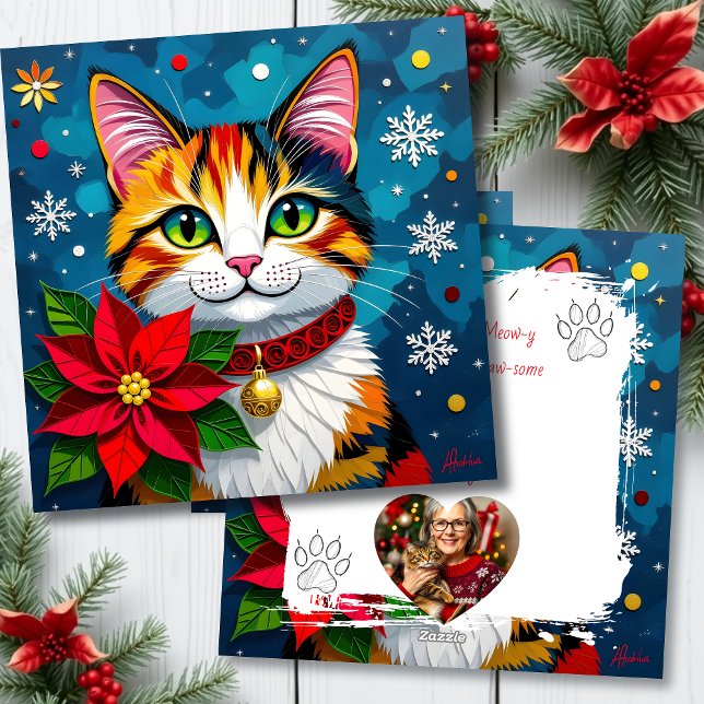 Söt Calico Katt med Julstjärnor Anpassad Julkort (Skapare uppladdad)