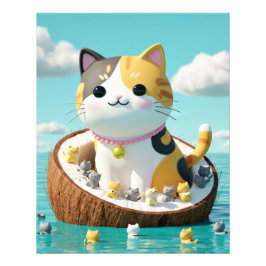 Söt Calico Katt på Kokosön – Kawaii Hav F Fototryck