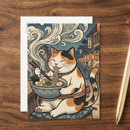 Söt Calico Katt som äter Ramen Japansk Konst Vykort