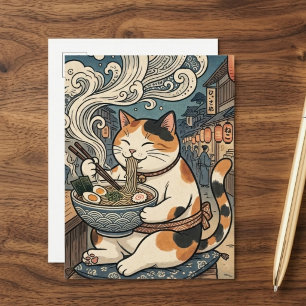 Söt Calico Katt som äter Ramen Japansk Konst Vykort