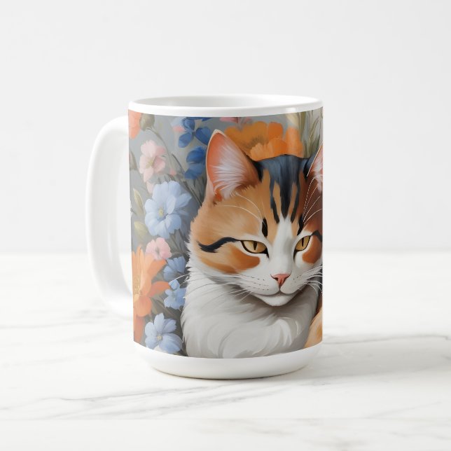 Söt calicokatt och blommor kaffemugg (Framsida vänster)
