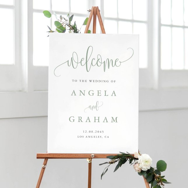 Söt Calligraphy Sage Grönt Bröllop Välkommen Poster (Pretty Calligraphy Sage Green Wedding Welcome Poster)