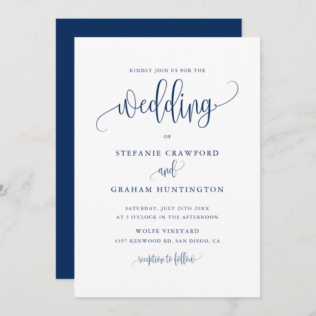 Söt Calligraphy Script Navy Blue Bröllop Inbjudningar (Fram/baksida)