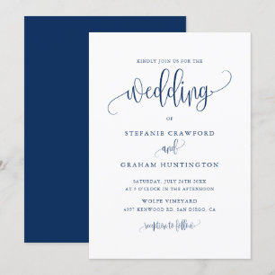 Söt Calligraphy Script Navy Blue Bröllop Inbjudningar