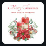 Söt Candles och Poinsettia Bouquet jul Fyrkantigt Klistermärke<br><div class="desc">Stickrar med en söt bouquet som är gjord av vattenfärger. Röda ljus med accenter från guld och ett mindre vitt ljus. Omringad av en gräs bouquet med en poinsettia-blomma.</div>