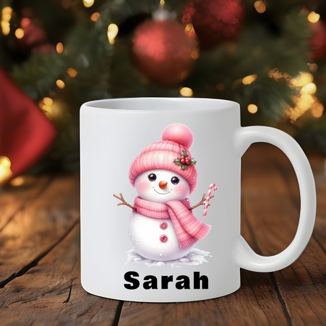 Söt Candy cane Rosa Snögubbe jul Kaffemugg (Sweet Candy Cane Pink Snowman Christmas Coffee Mug)