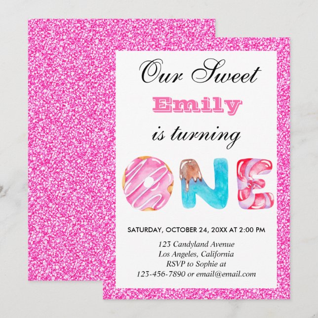 Söt Candy Shock rosa Glitter Första födelsedag 1 Inbjudningar (Fram/baksida)