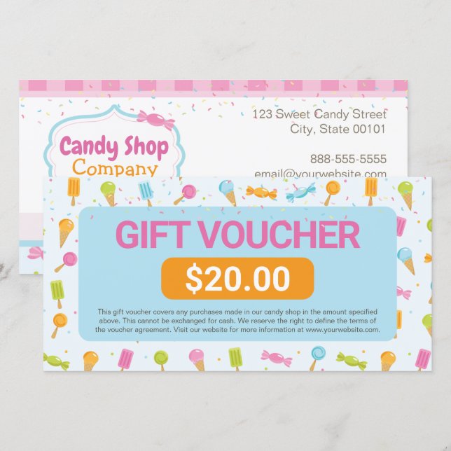 Söt Candy Shop Gift Voucher-certifikat (Fram/baksida)
