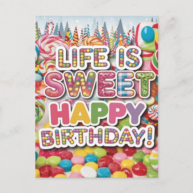 Söt Candyland Födelsedagsdesign – Rolig och färggl Vykort (Framsida)