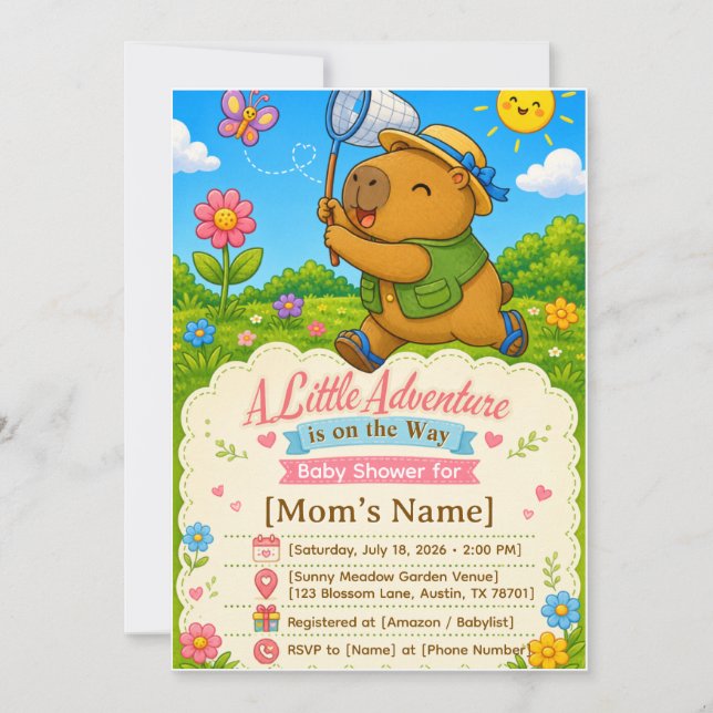 Söt Capybara-Äventyr Baby Shower-inbjudan (Framsida)