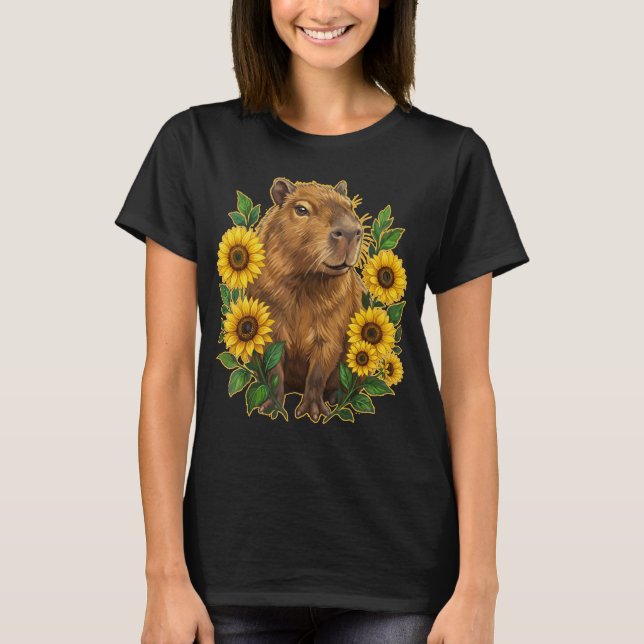 Söt Capybara Blommig Solros T Shirt (Framsida)
