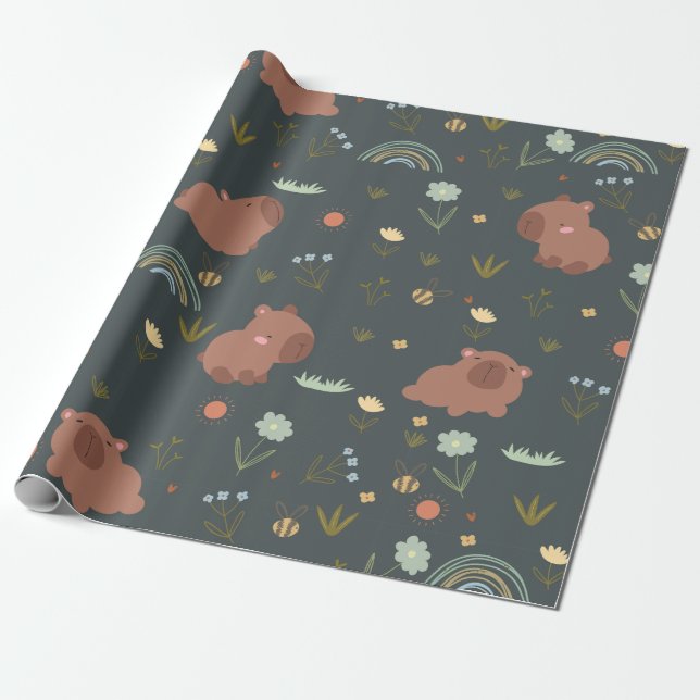 Söt Capybara Boho Regnbåge Blommig Mönster Presentpapper (Utrullad)