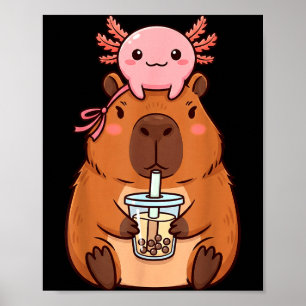 Söt Capybara Dricker Boba Te Kawaii Axolotl Poster