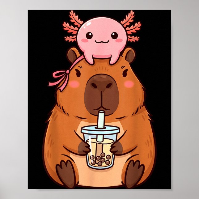 Söt Capybara Dricker Boba Te Kawaii Axolotl Poster (Framsidan)