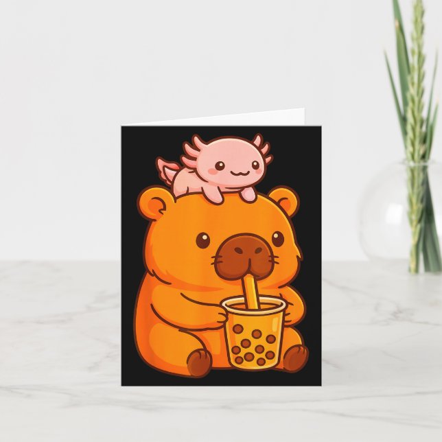 Söt Capybara Dricker Bubble Te Och Axolotl Kawa Kort (Framsida)