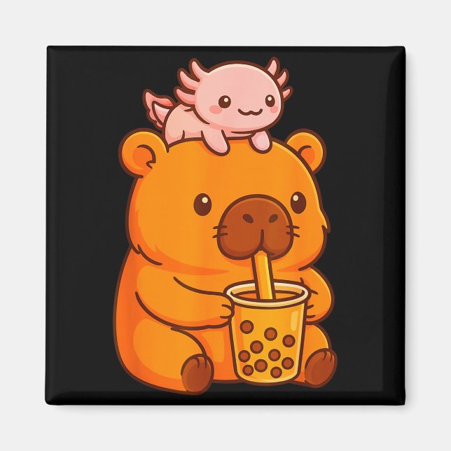 Söt Capybara Dricker Bubble Tea Och Axolotl Kawa Magnet (Framsidan)