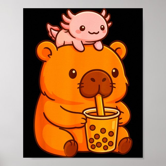 Söt Capybara Dricker Bubble Tea Och Axolotl Kawa Poster (Framsidan)
