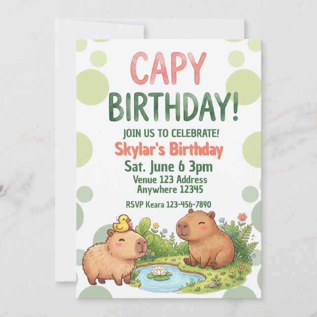 Söt Capybara Födelsedag Inbjudningar (Framsida)