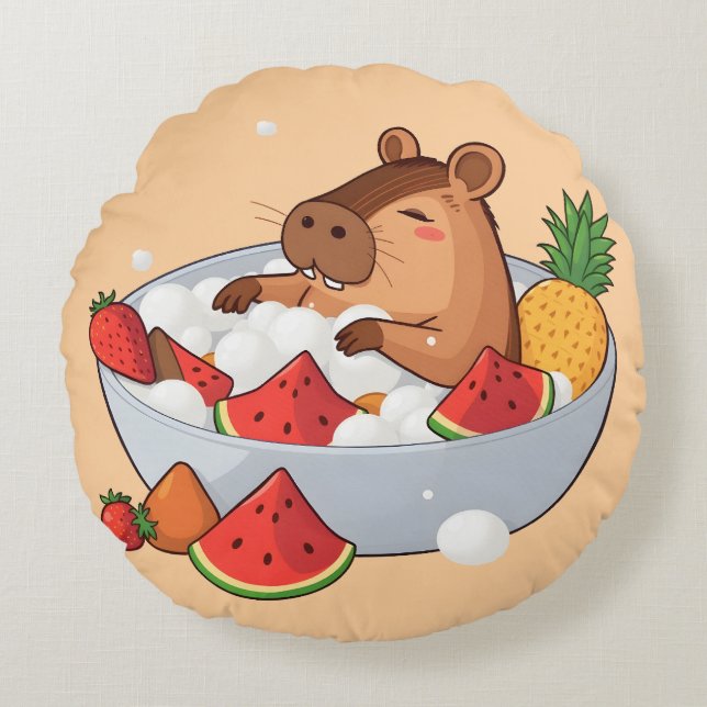 Söt Capybara Frukt Bad Spa Dag Kawaii Djur Ill Rund Kudde (Framsidan)