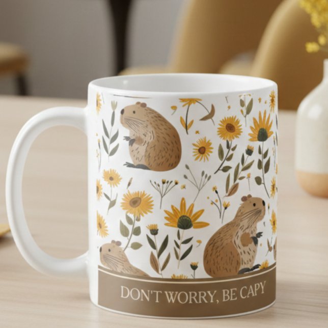 Söt Capybara-inspirerande  Kaffemugg (cute capybara sunflowers inspirational mug, don't worry be happy, cozy gift for coffee drinkers)