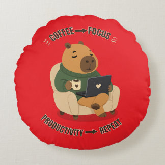 Söt Capybara Kaffe Fokus Produktivitet Arbete Från Rund Kudde