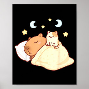 Söt Capybara Kawaii Sömn Pyjamas Sleepybara Katt Poster