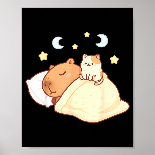 Söt Capybara Kawaii Sömn Pyjamas Sleepybara Katt  Poster (Framsidan)