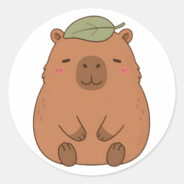 Söt Capybara med grönt blad på huvudet-dekal Runt Klistermärke