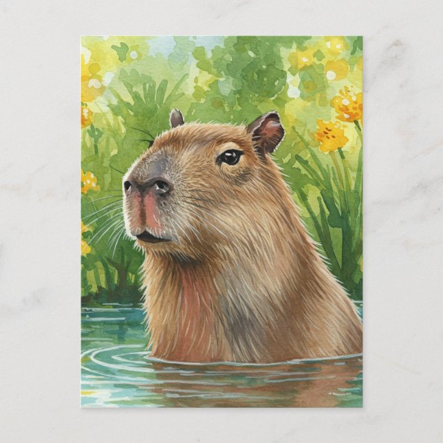 Söt Capybara Natur Vatten Flod Postkort Vykort (Framsida)