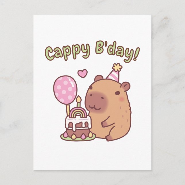 Söt Capybara Regnbågs Födelsedagstårta Cappy Födel Vykort (Framsida)