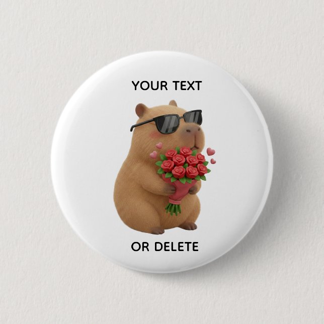 Söt Capybara Rosbukett Alla Hjärtans Dag Pin Knapp (Framsida)