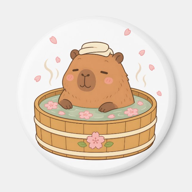 Söt Capybara Sakura Onsen Körsbärsblommmagnet Magnet (Framsidan)