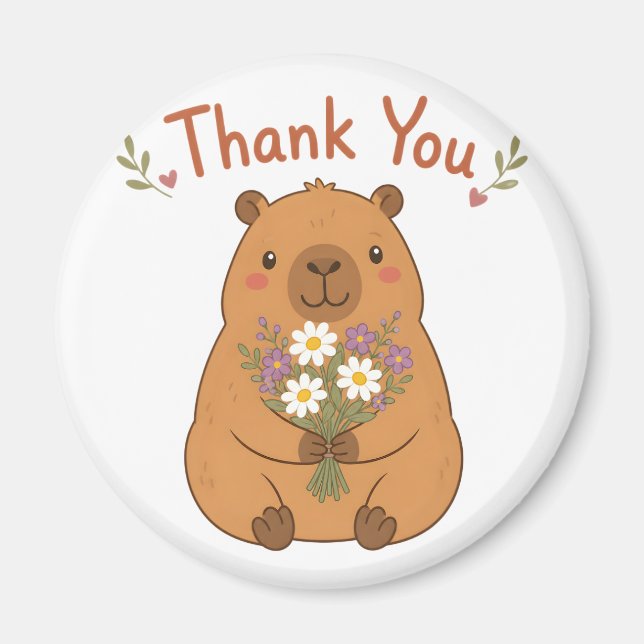 Söt Capybara Tack Vilda Blommor Magnet (Framsidan)