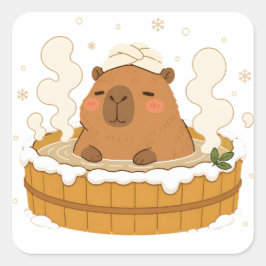 Söt Capybara Vinter Onsen Snö Varmkälla Klistermär Fyrkantigt Klistermärke