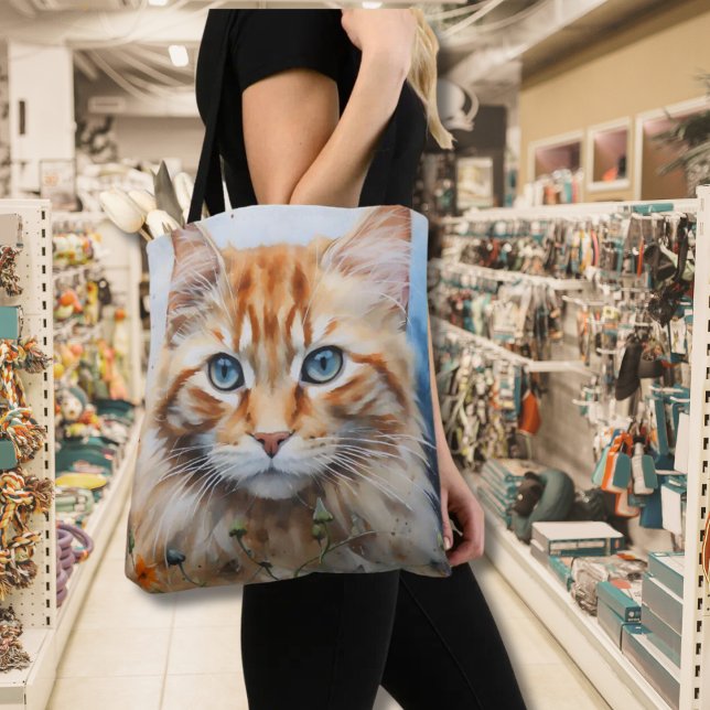 Söt Cat Ansikte Cat Lover's Kattunge Tygkasse (Cat's Gaze Watercolor All- Over Printed Tote)