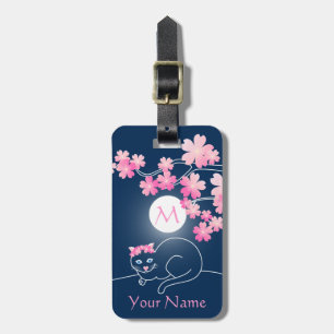 Söt Cat Cherry Blommar Måne Rosa Sakura Blue Bagagebricka