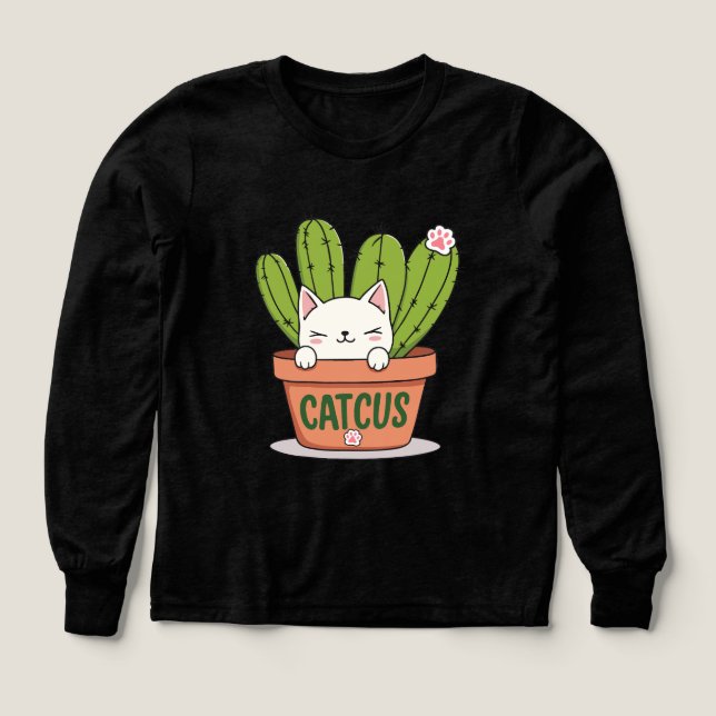 Söt Catcus Kawaii Kaktus Katt Illustration T Shirt (Design framsida)