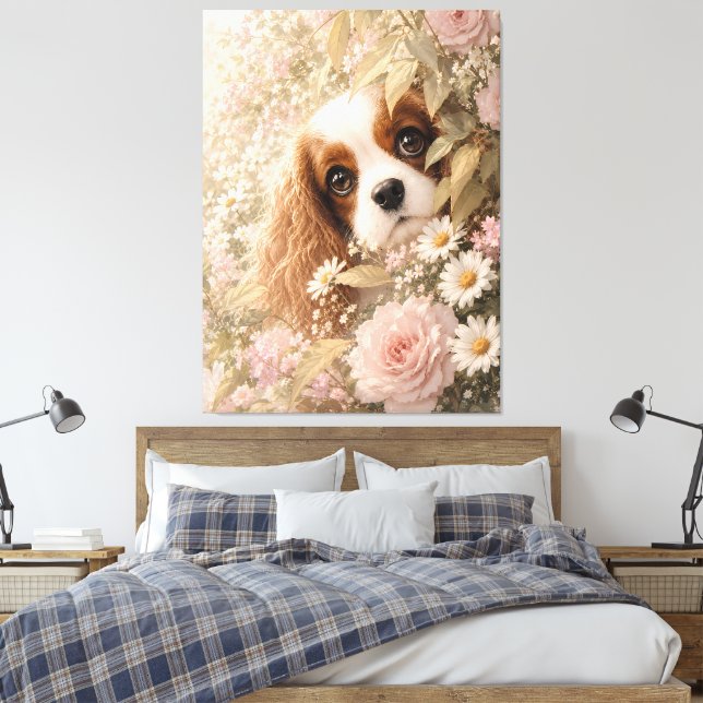 Söt Cavalier King Charles Spaniel bland rosor Canvastryck (Insitu (sovrum))