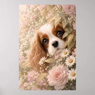 Söt Cavalier King Charles Spaniel bland rosor Poster