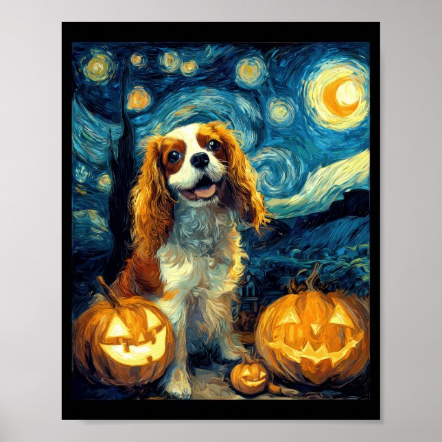 Söt Cavalier King Charles Spaniel Hund Halloween J Poster (Framsidan)