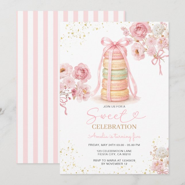 Söt Celebrations Rosa Macaron Födelsedagsinbjudan Inbjudningar (Fram/baksida)