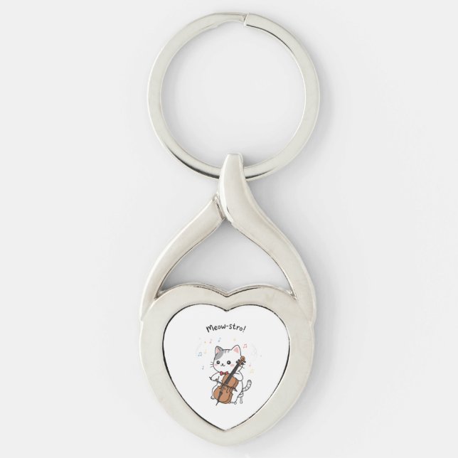 Söt cellokattmusiker  twisted heart silverfärgad nyckelring (Framsidan)