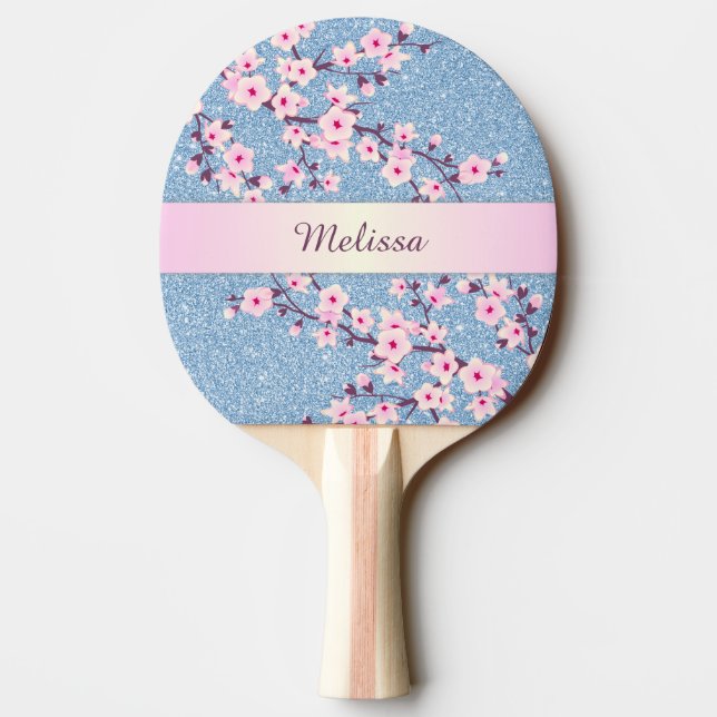 Söt Cherry Blommar Blue Glitter Monogram Pingisracket (Baksidan)