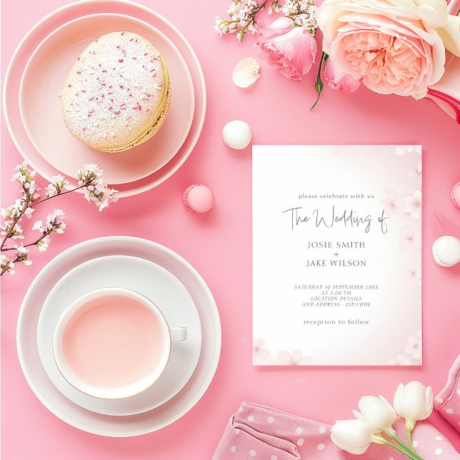 Söt cherry blommar gräns bröllopsinbjudan inbjudningar (Featuring a graceful border of hand-painted style cherry blossoms invitation )