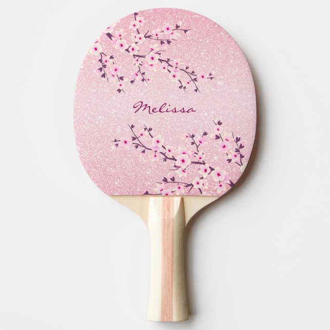 Söt Cherry Blommar Rosa Glitter Monogram Blommigt Pingisracket (Framsidan)