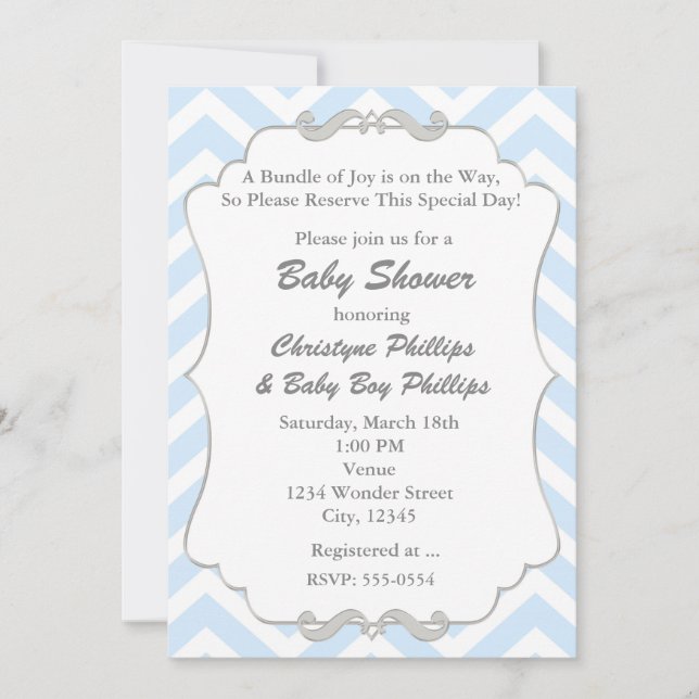 Söt Chevron Grå & Blå Baby Shower Inbjudan (Framsida)