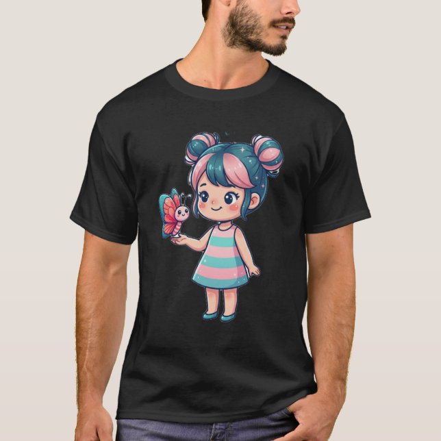 Söt Chibi Anime Flicka med Fjäril T-Shirt (Framsida)