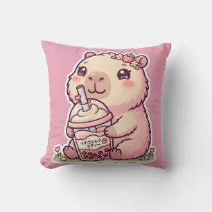 Söt Chibi Capybara Jordgubb Boba Mjölkte Kawa Kudde